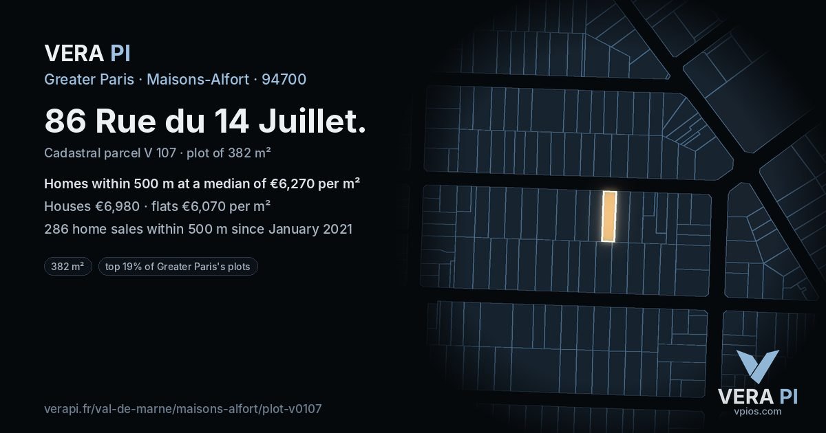 86 Rue du 14 Juillet, Maisons-Alfort at night – the plot lit, the parcels around coloured by the prices near them