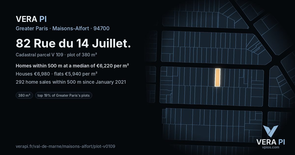 82 Rue du 14 Juillet, Maisons-Alfort at night – the plot lit, the parcels around coloured by the prices near them