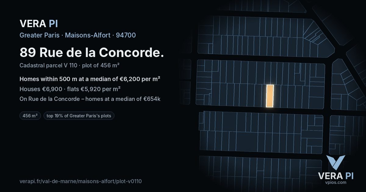 89 Rue de la Concorde, Maisons-Alfort at night – the plot lit, the parcels around coloured by the prices near them