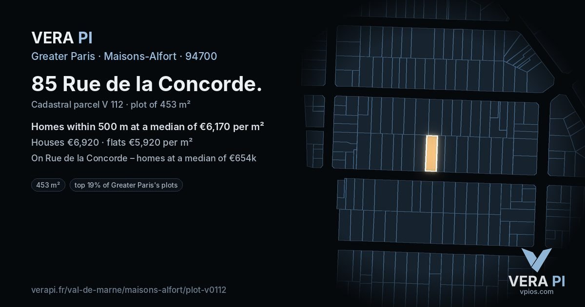 85 Rue de la Concorde, Maisons-Alfort at night – the plot lit, the parcels around coloured by the prices near them