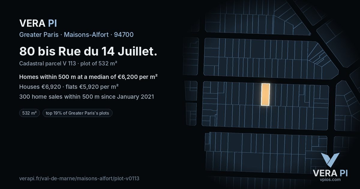 80 bis Rue du 14 Juillet, Maisons-Alfort at night – the plot lit, the parcels around coloured by the prices near them