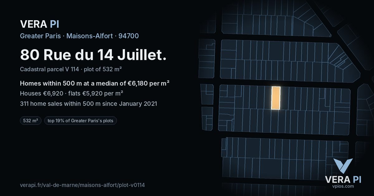 80 Rue du 14 Juillet, Maisons-Alfort at night – the plot lit, the parcels around coloured by the prices near them