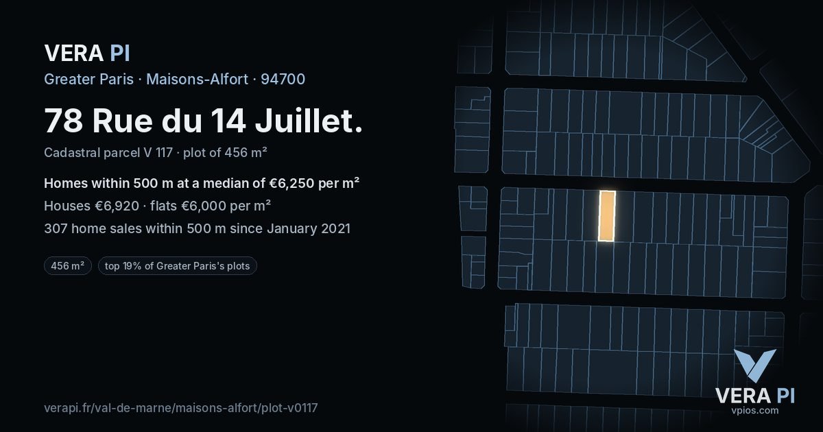 78 Rue du 14 Juillet, Maisons-Alfort at night – the plot lit, the parcels around coloured by the prices near them