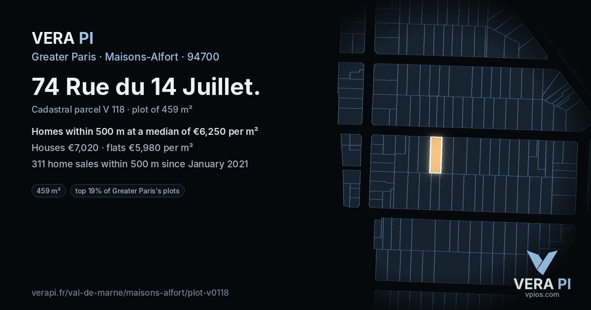 74 Rue du 14 Juillet, Maisons-Alfort at night – the plot lit, the parcels around coloured by the prices near them