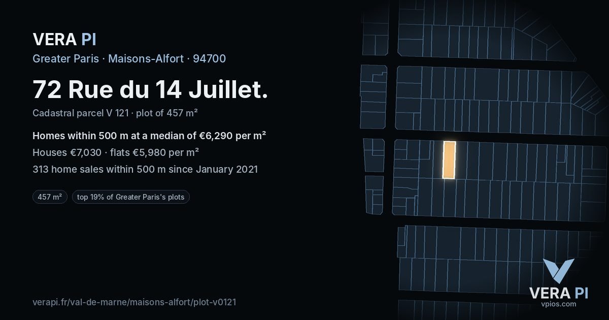 72 Rue du 14 Juillet, Maisons-Alfort at night – the plot lit, the parcels around coloured by the prices near them