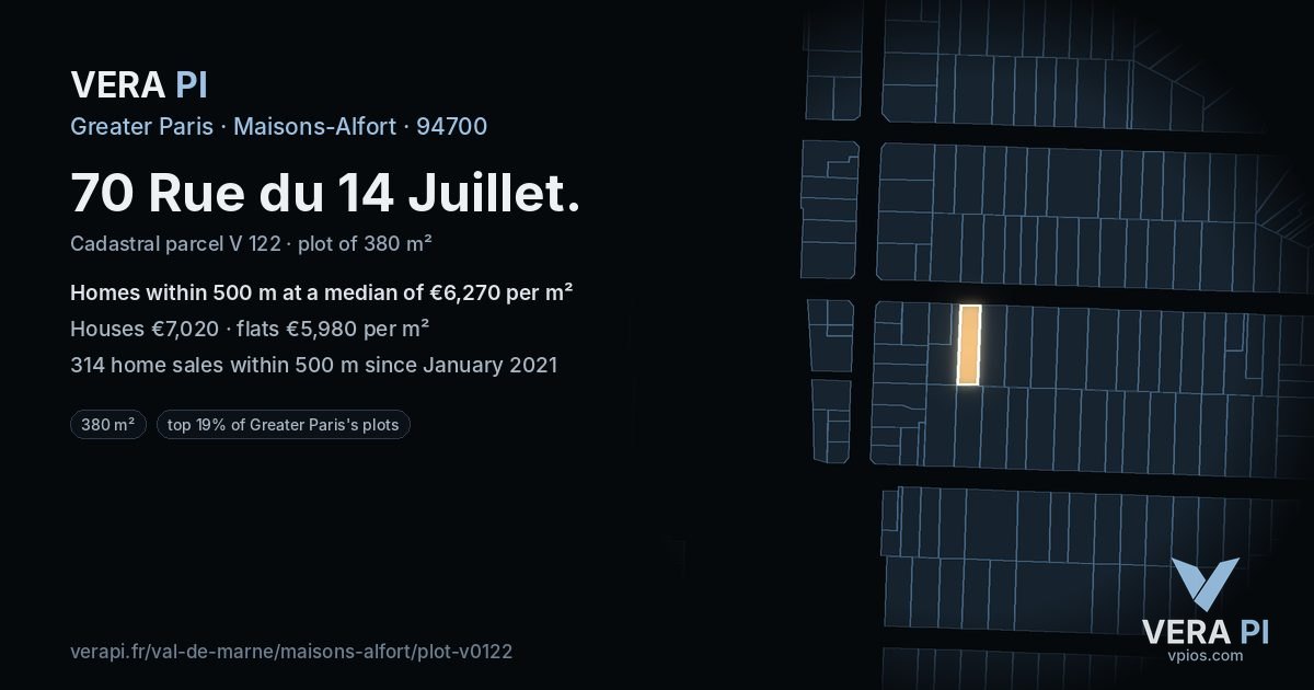 70 Rue du 14 Juillet, Maisons-Alfort at night – the plot lit, the parcels around coloured by the prices near them
