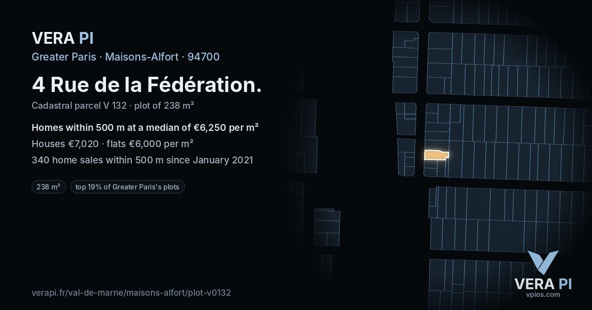 4 Rue de la Fédération, Maisons-Alfort at night – the plot lit, the parcels around coloured by the prices near them