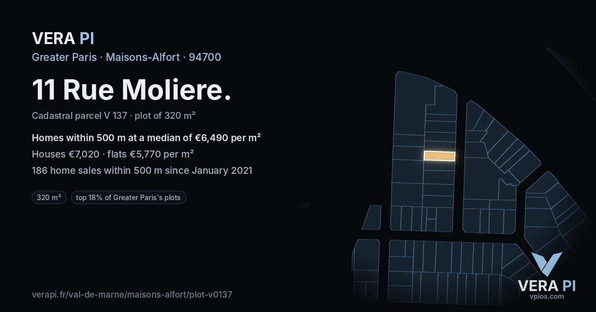 11 Rue Moliere, Maisons-Alfort at night – the plot lit, the parcels around coloured by the prices near them