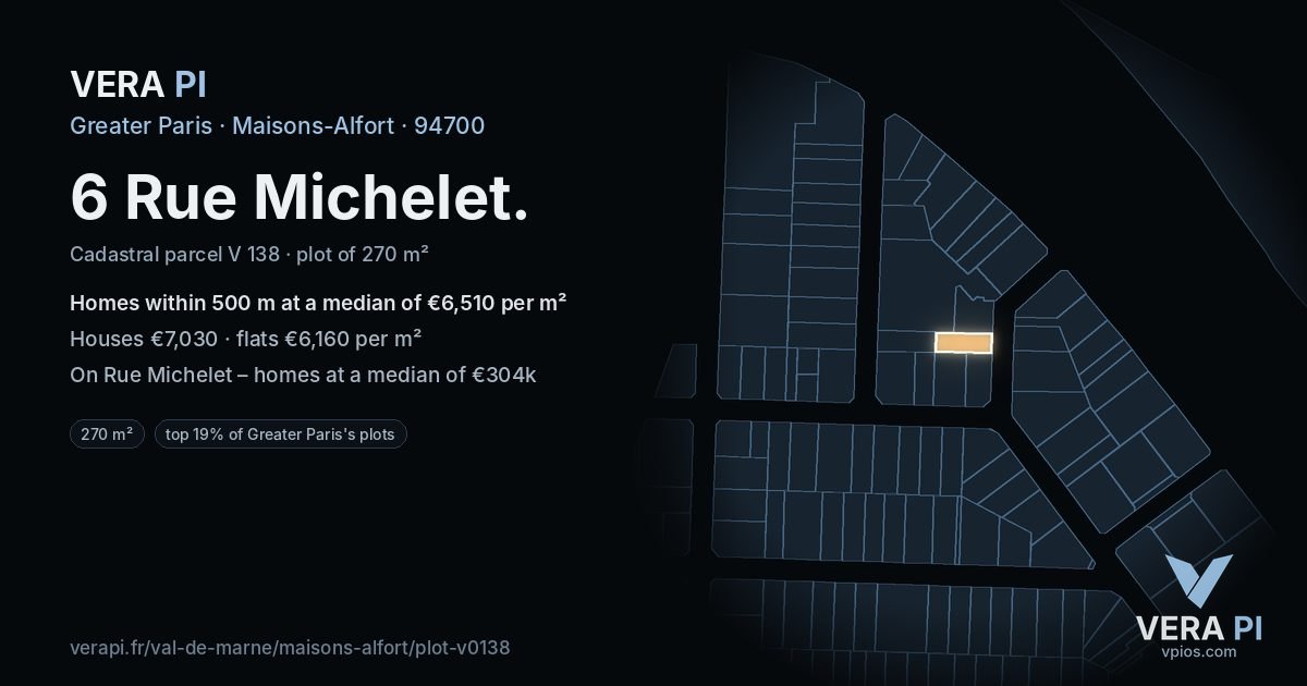 6 Rue Michelet, Maisons-Alfort at night – the plot lit, the parcels around coloured by the prices near them