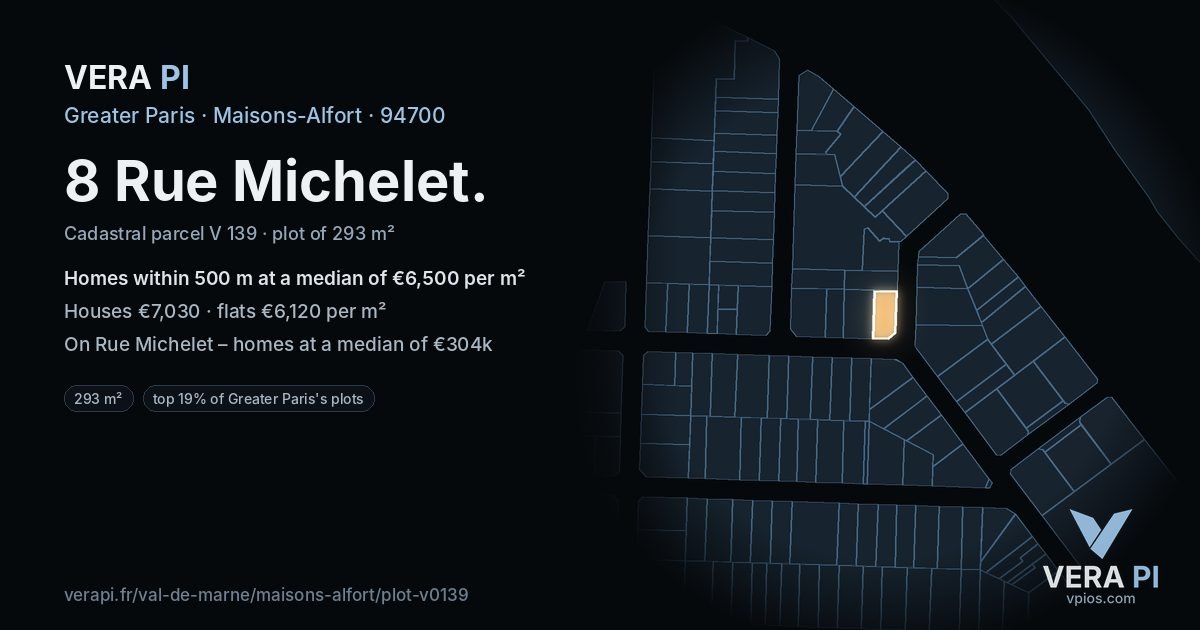 8 Rue Michelet, Maisons-Alfort at night – the plot lit, the parcels around coloured by the prices near them
