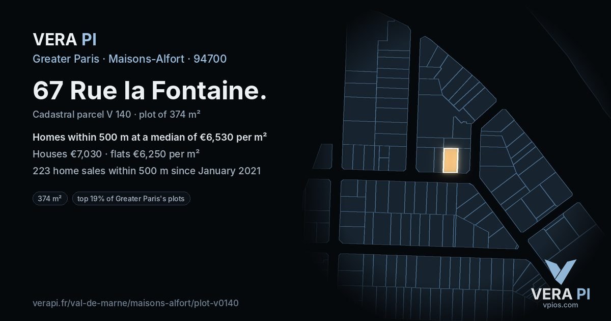 67 Rue la Fontaine, Maisons-Alfort at night – the plot lit, the parcels around coloured by the prices near them