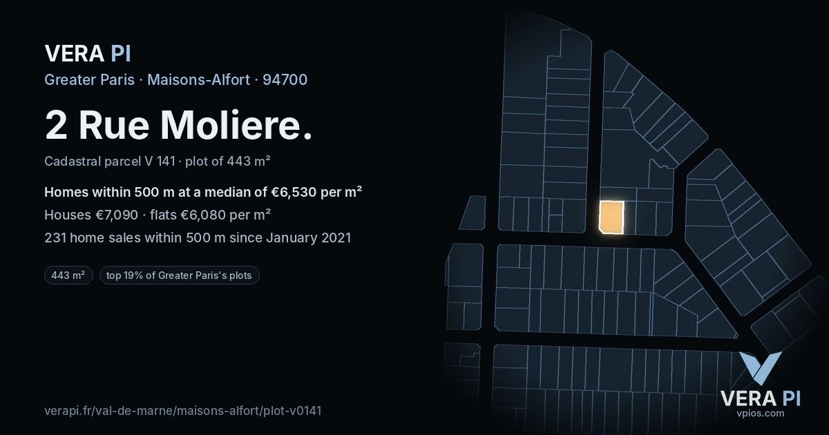 2 Rue Moliere, Maisons-Alfort at night – the plot lit, the parcels around coloured by the prices near them