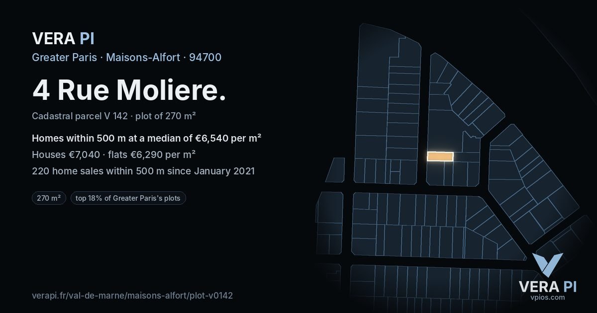 4 Rue Moliere, Maisons-Alfort at night – the plot lit, the parcels around coloured by the prices near them