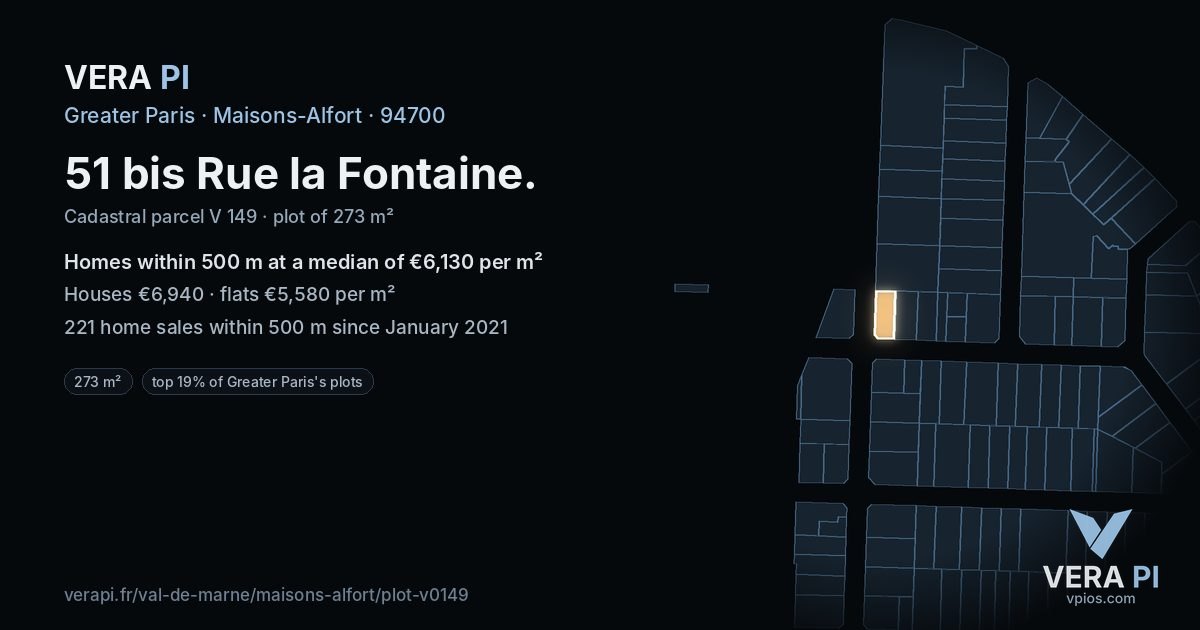 51 bis Rue la Fontaine, Maisons-Alfort at night – the plot lit, the parcels around coloured by the prices near them