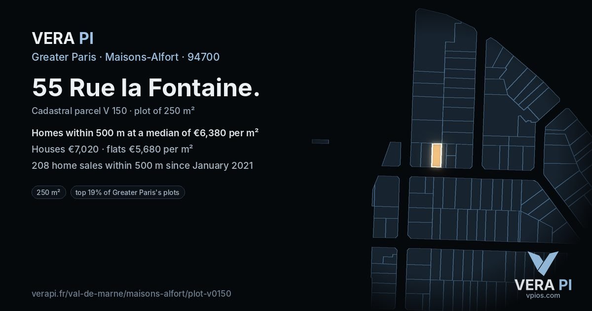 55 Rue la Fontaine, Maisons-Alfort at night – the plot lit, the parcels around coloured by the prices near them