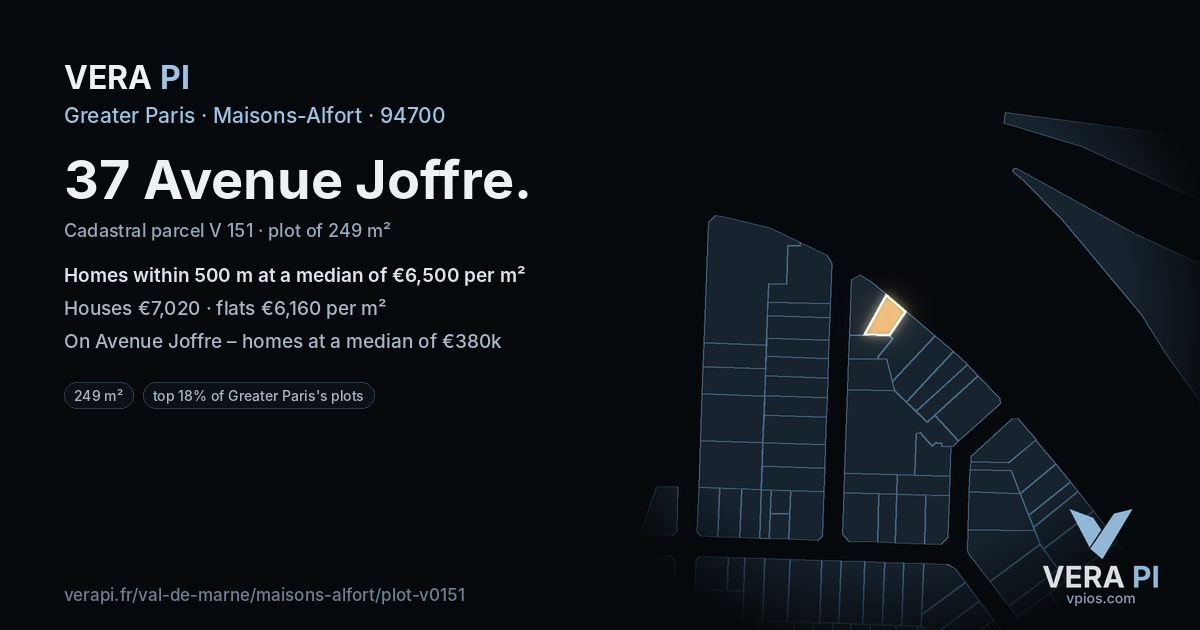 37 Avenue Joffre, Maisons-Alfort at night – the plot lit, the parcels around coloured by the prices near them