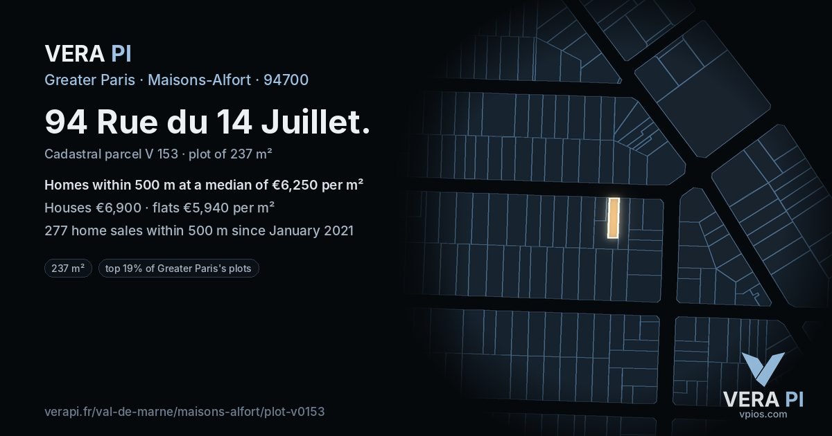 94 Rue du 14 Juillet, Maisons-Alfort at night – the plot lit, the parcels around coloured by the prices near them
