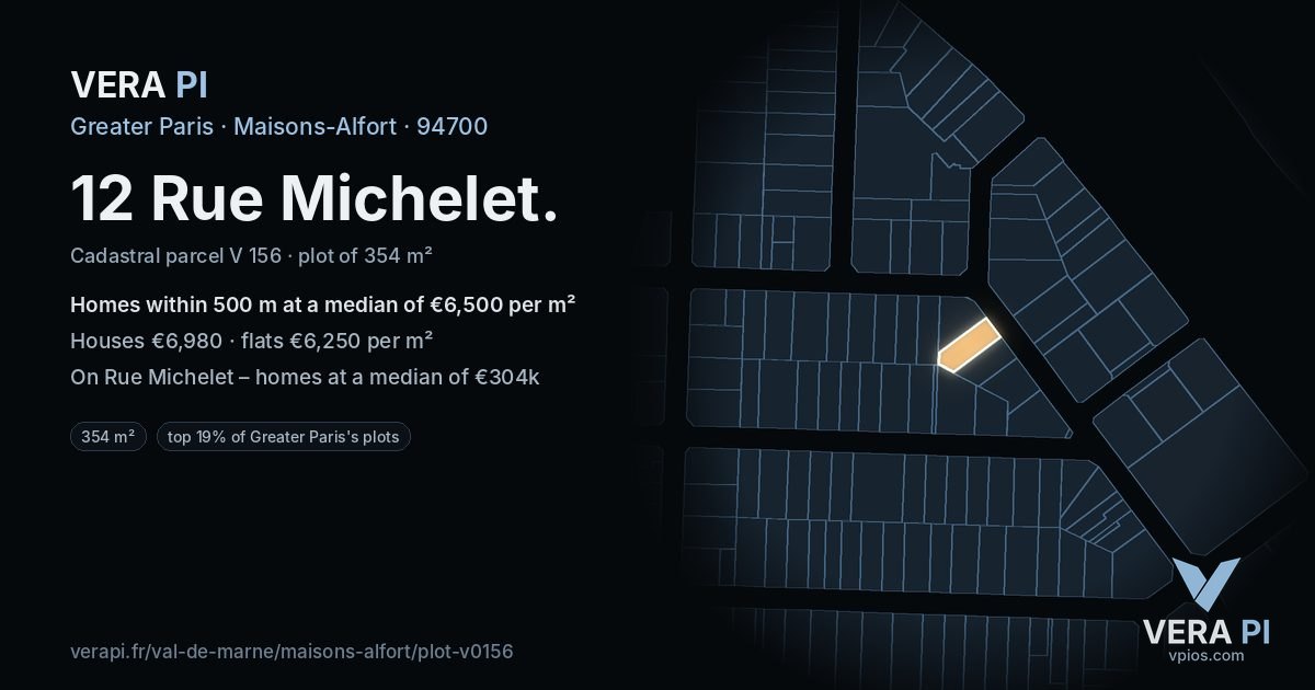 12 Rue Michelet, Maisons-Alfort at night – the plot lit, the parcels around coloured by the prices near them
