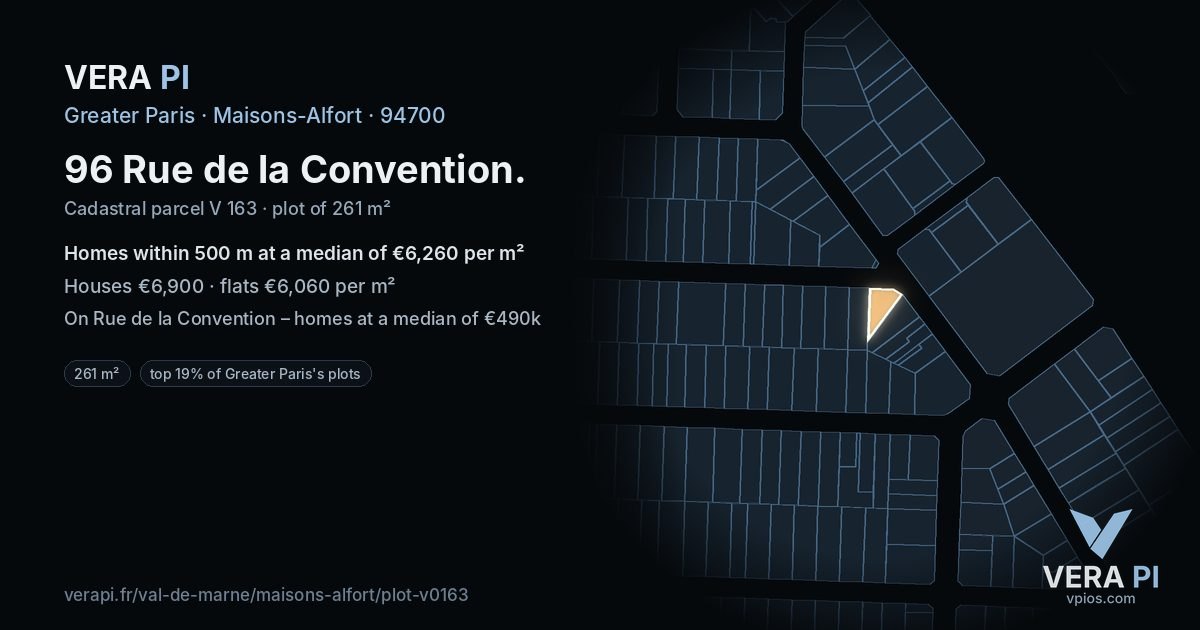 96 Rue de la Convention, Maisons-Alfort at night – the plot lit, the parcels around coloured by the prices near them
