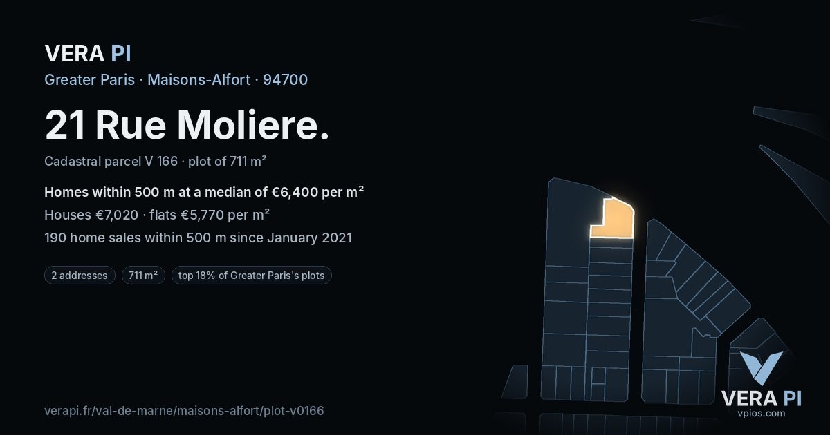 21 Rue Moliere, Maisons-Alfort at night – the plot lit, the parcels around coloured by the prices near them