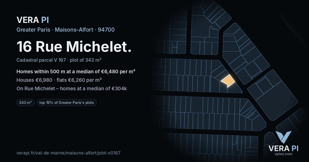 16 Rue Michelet, Maisons-Alfort at night – the plot lit, the parcels around coloured by the prices near them