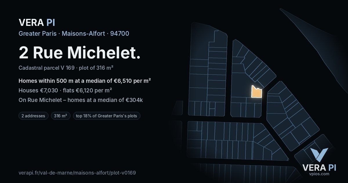 2 Rue Michelet, Maisons-Alfort at night – the plot lit, the parcels around coloured by the prices near them