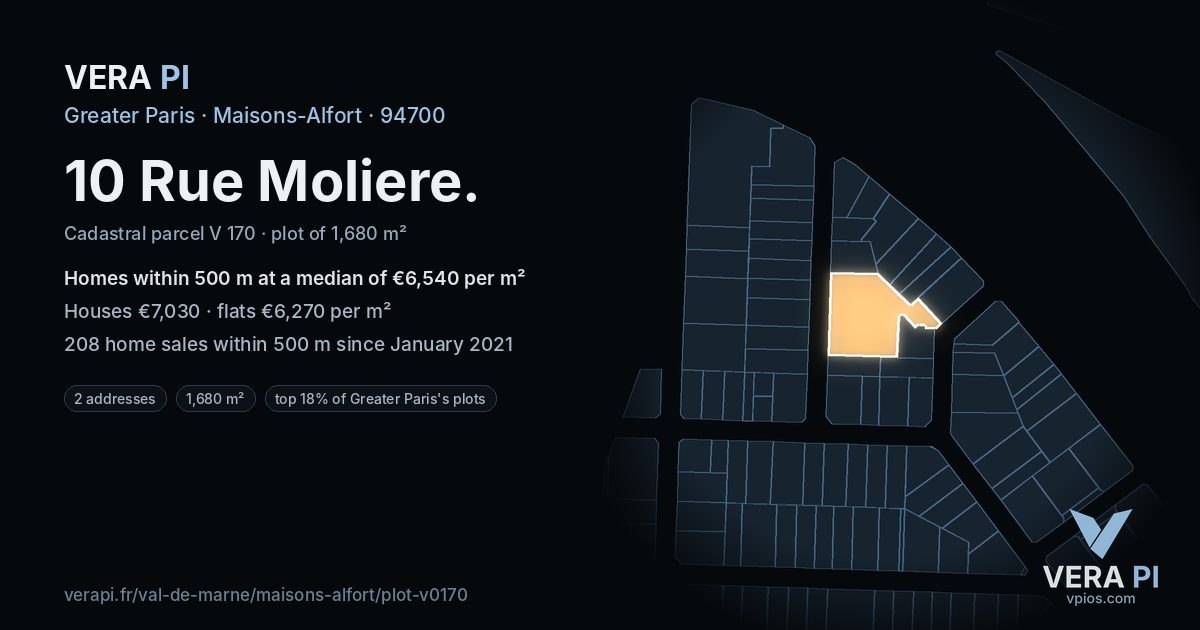 10 Rue Moliere, Maisons-Alfort at night – the plot lit, the parcels around coloured by the prices near them