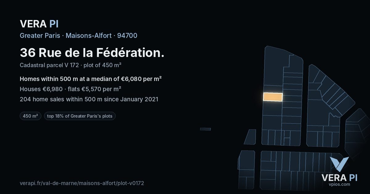 36 Rue de la Fédération, Maisons-Alfort at night – the plot lit, the parcels around coloured by the prices near them