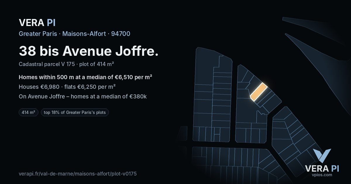 38 bis Avenue Joffre, Maisons-Alfort at night – the plot lit, the parcels around coloured by the prices near them