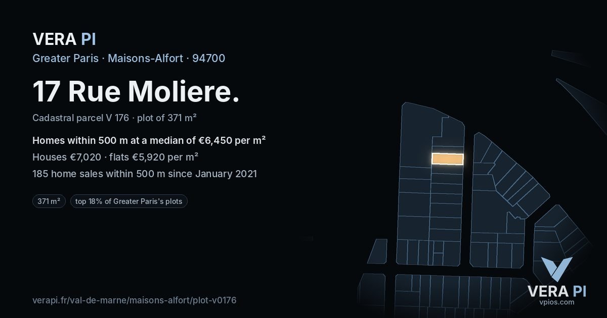 17 Rue Moliere, Maisons-Alfort at night – the plot lit, the parcels around coloured by the prices near them