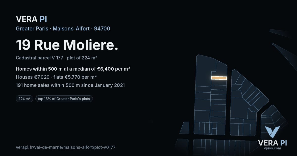 19 Rue Moliere, Maisons-Alfort at night – the plot lit, the parcels around coloured by the prices near them