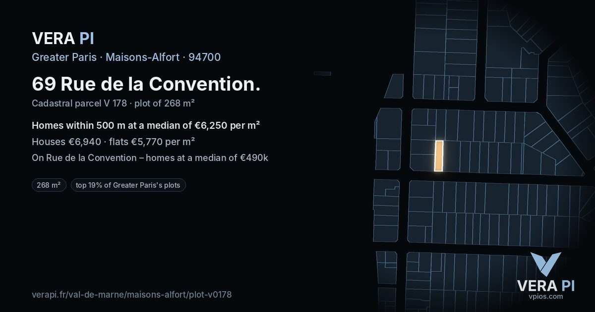 69 Rue de la Convention, Maisons-Alfort at night – the plot lit, the parcels around coloured by the prices near them