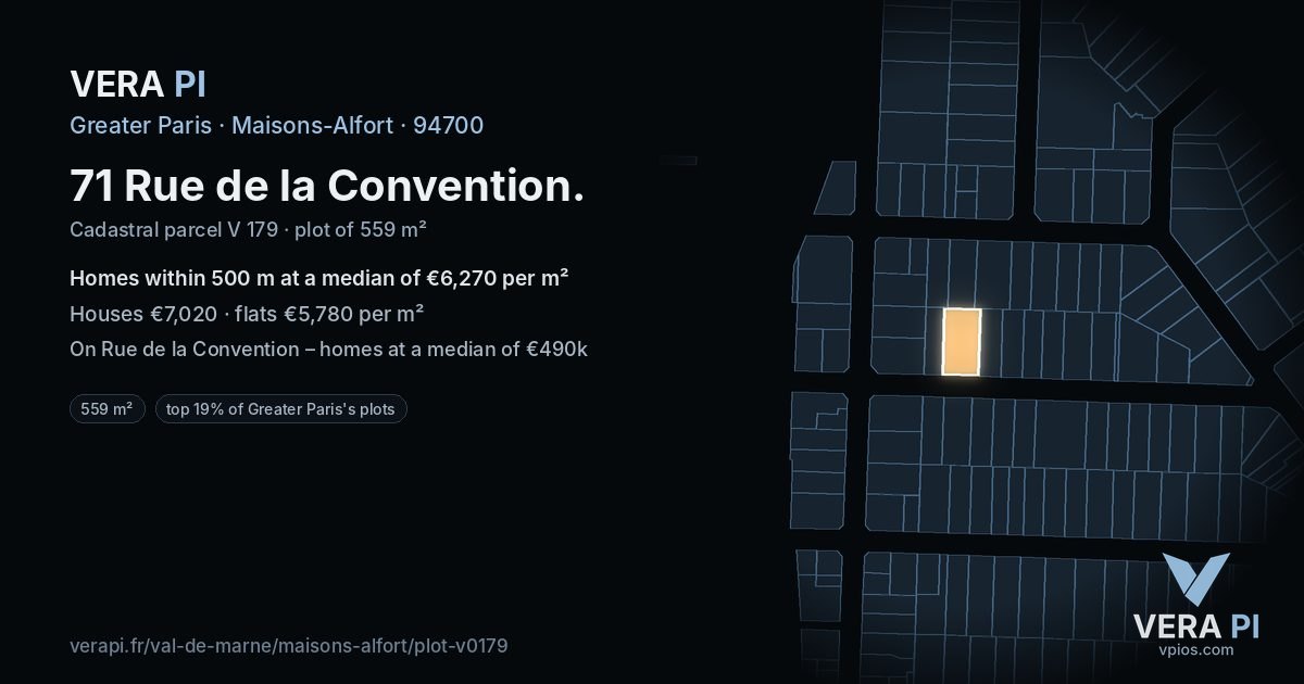 71 Rue de la Convention, Maisons-Alfort at night – the plot lit, the parcels around coloured by the prices near them