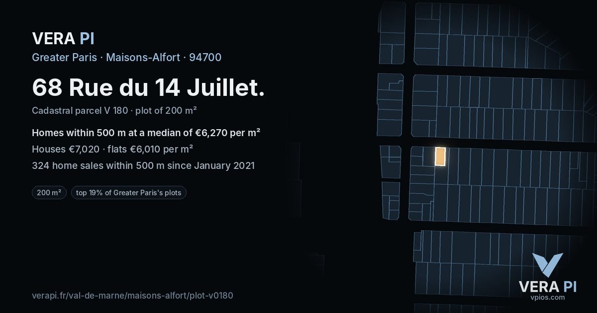 68 Rue du 14 Juillet, Maisons-Alfort at night – the plot lit, the parcels around coloured by the prices near them