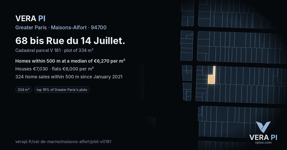 68 bis Rue du 14 Juillet, Maisons-Alfort at night – the plot lit, the parcels around coloured by the prices near them
