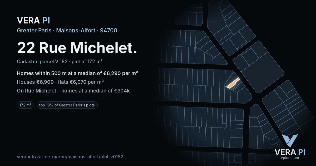 22 Rue Michelet, Maisons-Alfort at night – the plot lit, the parcels around coloured by the prices near them