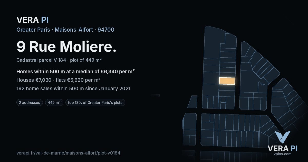 9 Rue Moliere, Maisons-Alfort at night – the plot lit, the parcels around coloured by the prices near them