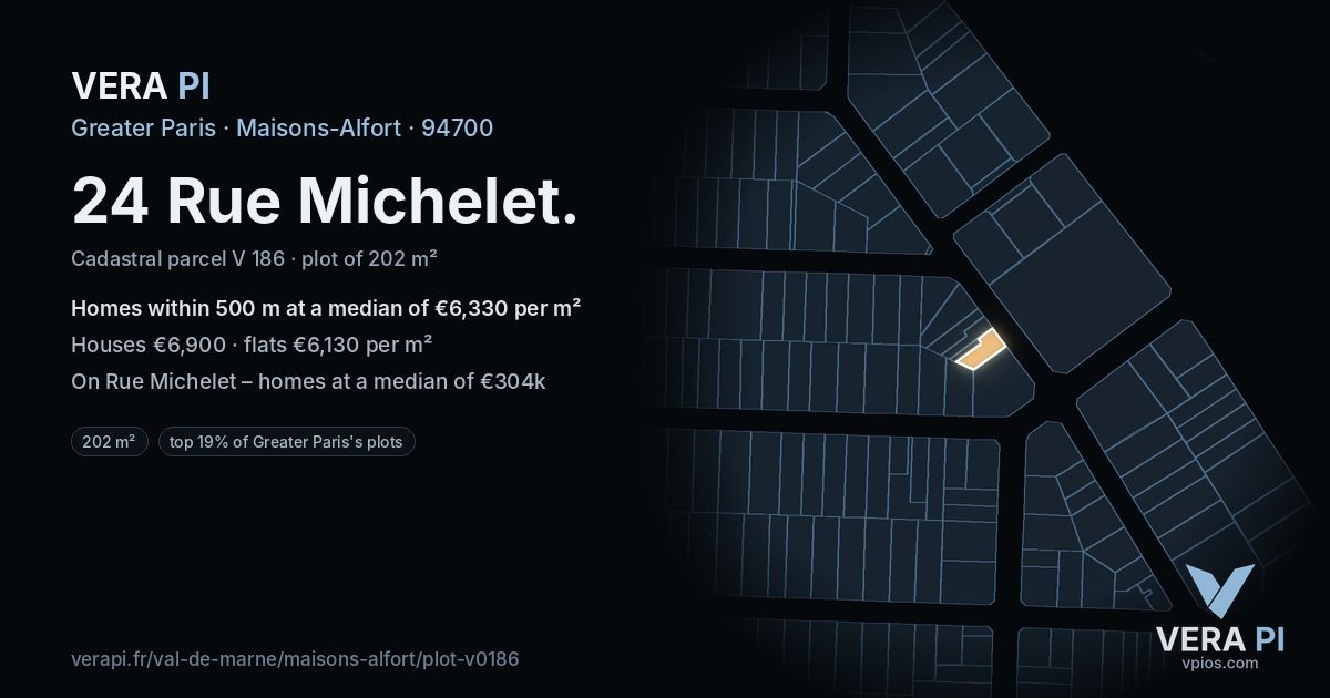 24 Rue Michelet, Maisons-Alfort at night – the plot lit, the parcels around coloured by the prices near them