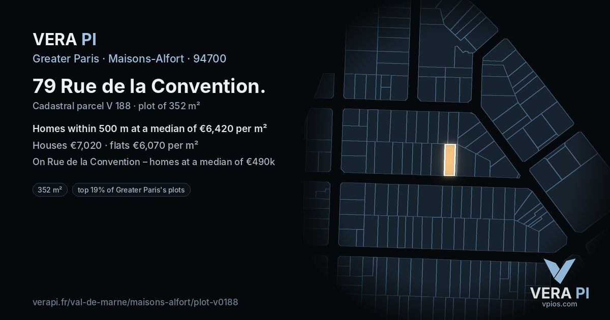 79 Rue de la Convention, Maisons-Alfort at night – the plot lit, the parcels around coloured by the prices near them