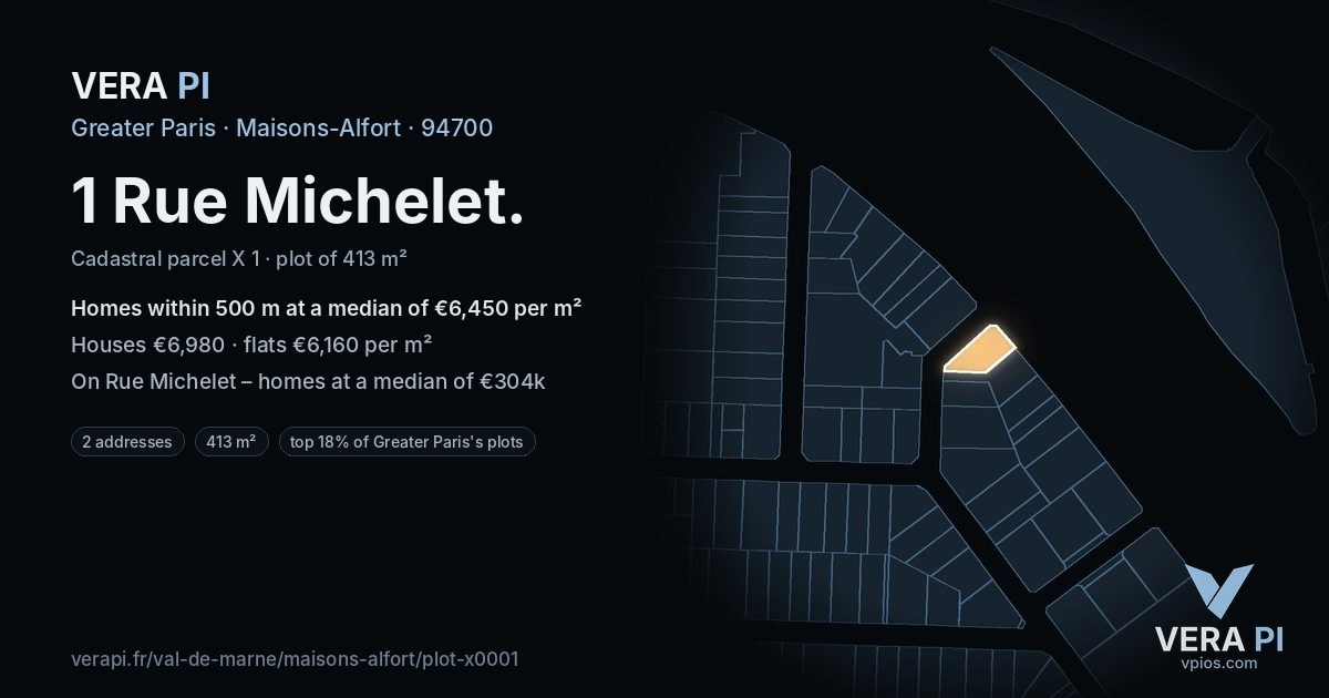 1 Rue Michelet, Maisons-Alfort at night – the plot lit, the parcels around coloured by the prices near them