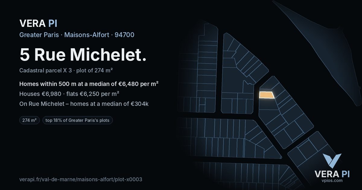 5 Rue Michelet, Maisons-Alfort at night – the plot lit, the parcels around coloured by the prices near them