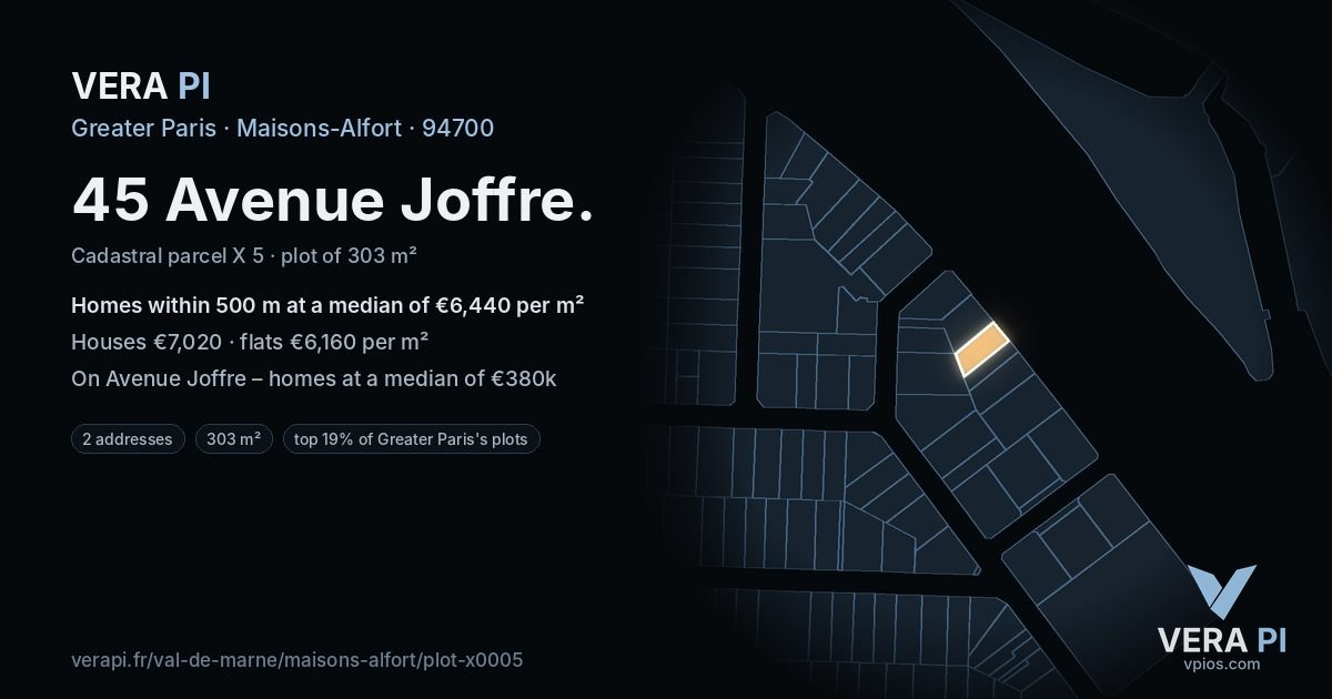 45 Avenue Joffre, Maisons-Alfort at night – the plot lit, the parcels around coloured by the prices near them