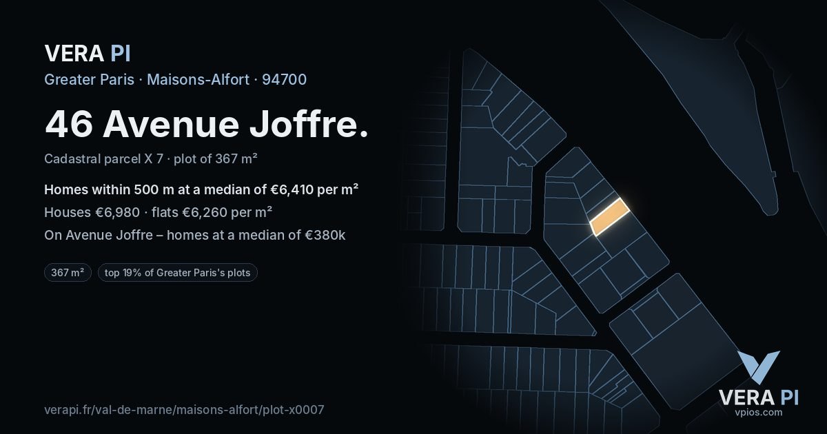 46 Avenue Joffre, Maisons-Alfort at night – the plot lit, the parcels around coloured by the prices near them