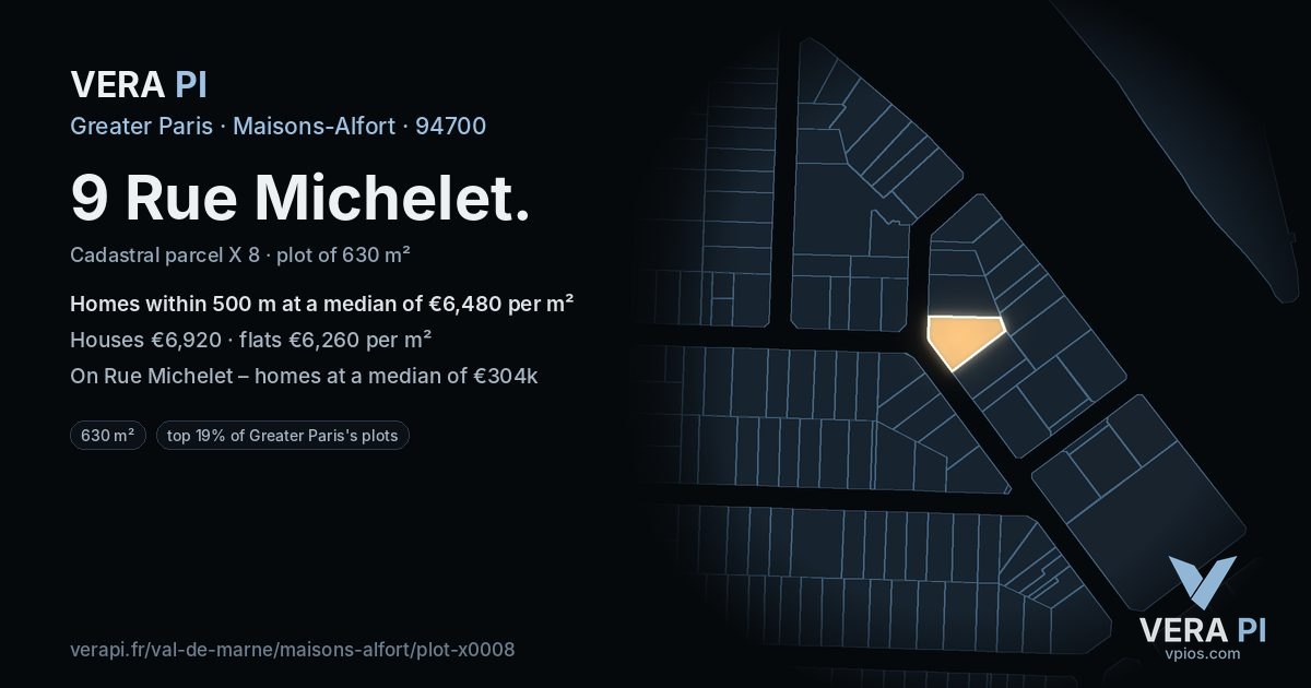 9 Rue Michelet, Maisons-Alfort at night – the plot lit, the parcels around coloured by the prices near them