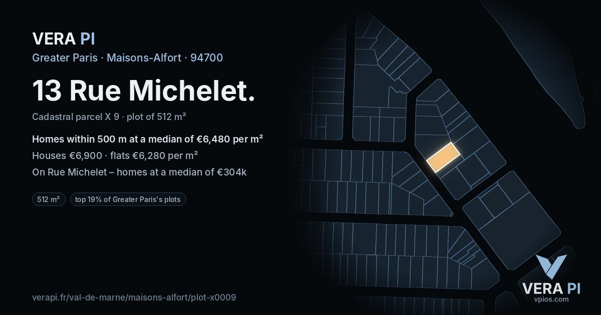 13 Rue Michelet, Maisons-Alfort at night – the plot lit, the parcels around coloured by the prices near them