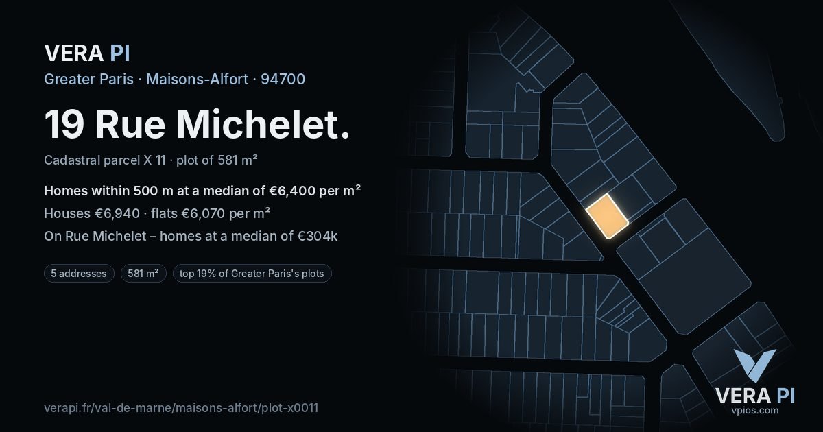 19 Rue Michelet, Maisons-Alfort at night – the plot lit, the parcels around coloured by the prices near them