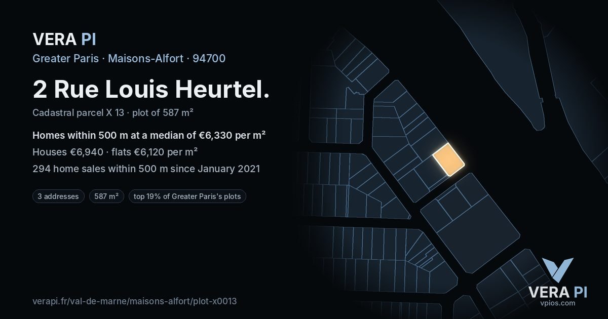 2 Rue Louis Heurtel, Maisons-Alfort at night – the plot lit, the parcels around coloured by the prices near them