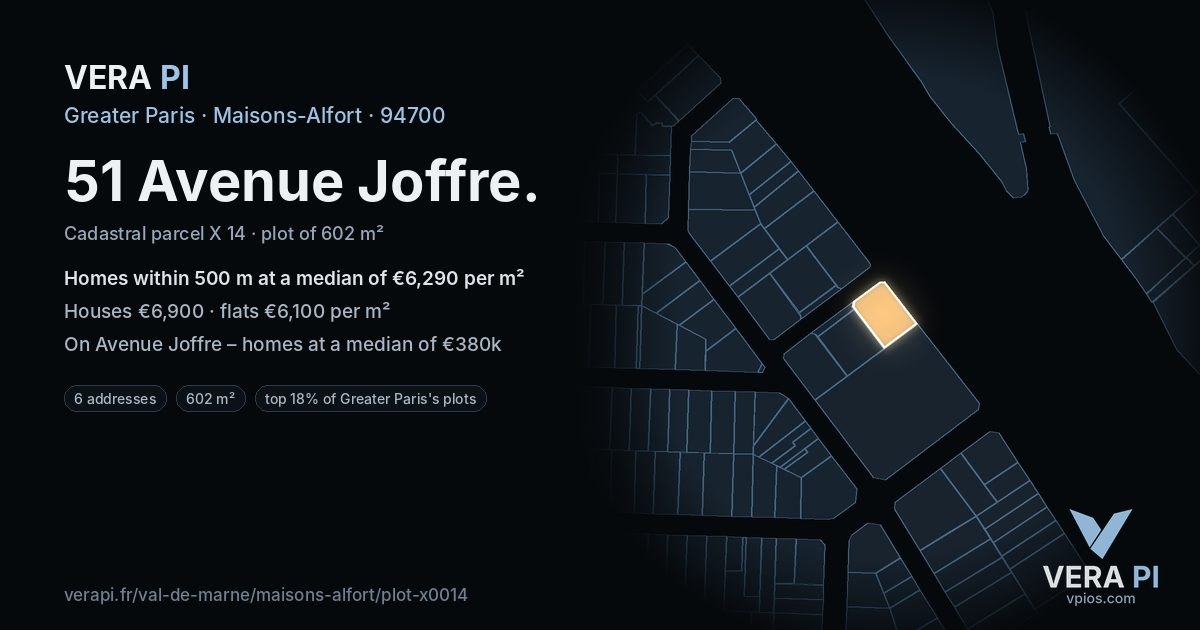 51 Avenue Joffre, Maisons-Alfort at night – the plot lit, the parcels around coloured by the prices near them