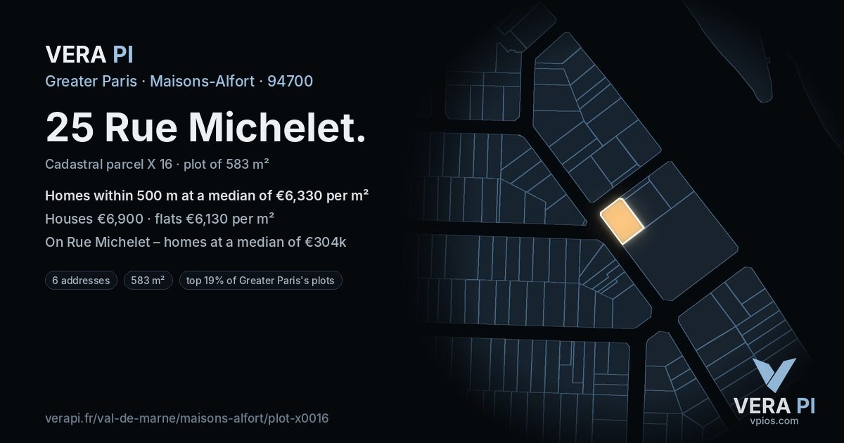 25 Rue Michelet, Maisons-Alfort at night – the plot lit, the parcels around coloured by the prices near them