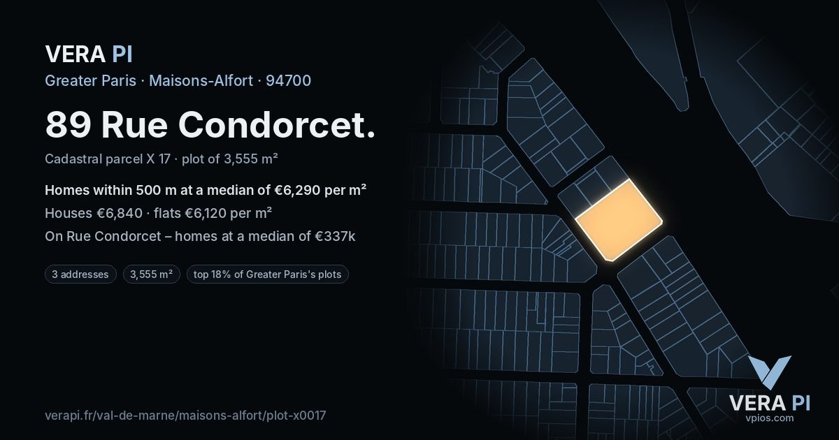 89 Rue Condorcet, Maisons-Alfort at night – the plot lit, the parcels around coloured by the prices near them